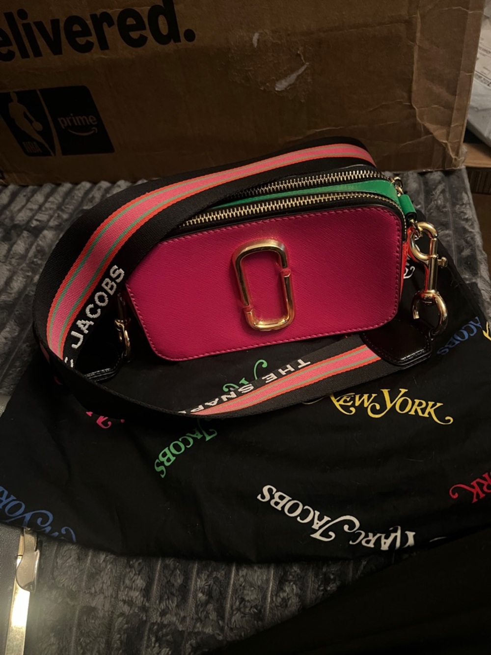 Marc Jacobs Pink Snapshot Camera Bag with Multicolor Webbing Strap